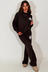 knitted sweatshirt and knitted trouser womens lounge set with contrast emblem couture club uk