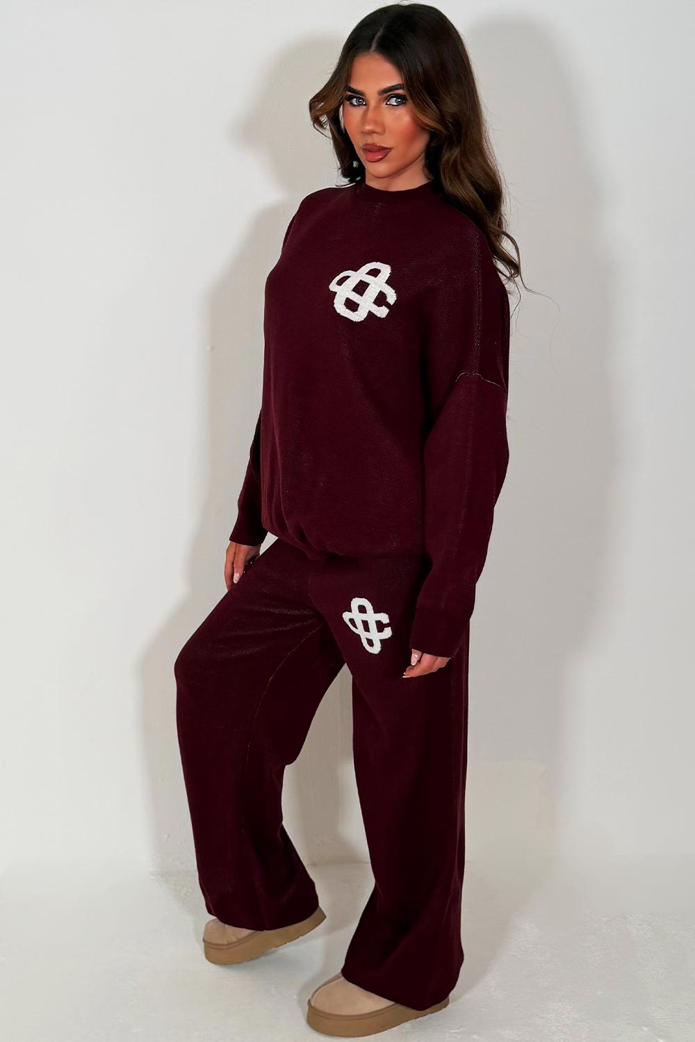 knitted sweatshirt and knitted trouser womens lounge set with contrast emblem couture club uk