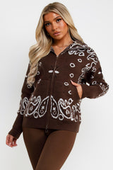 womens brown paisley jumper cardigan with double zip styledup uk