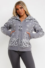 womens grey paisley jumper cardigan with double zip styledup uk