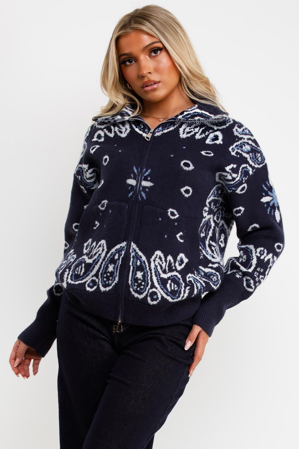 womens knitted long sleeve double zip jumper sisters and seekers styledup uk