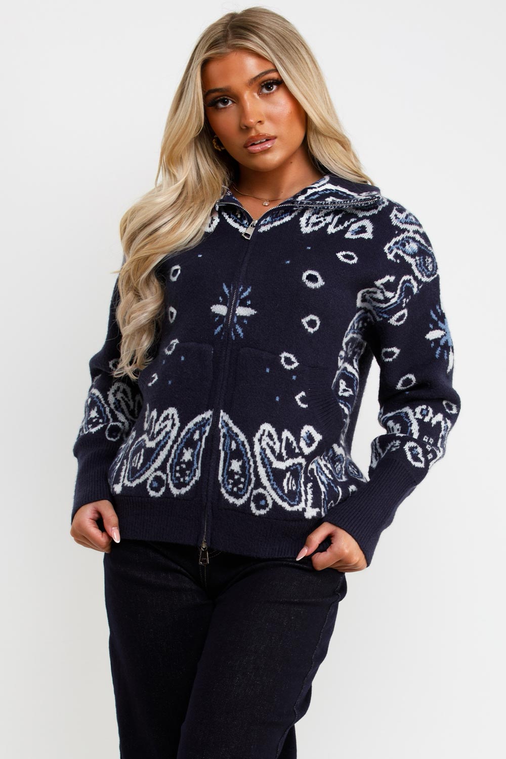 womens double zip knitted paisley cardigan jumper sisters and seekers uk