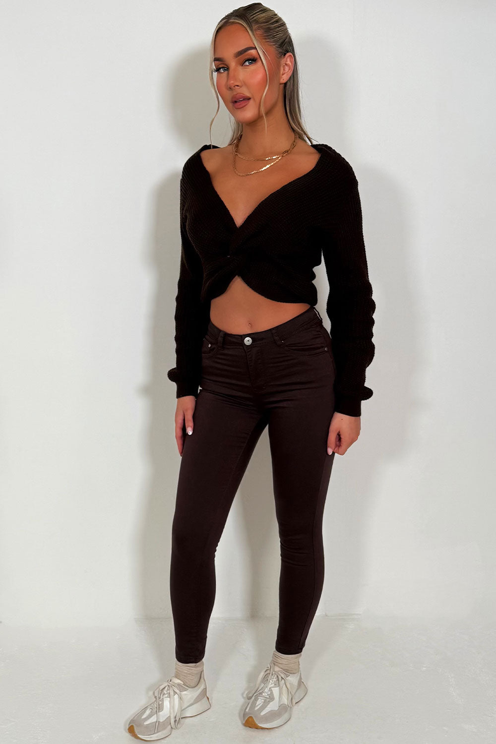 womens twist front long sleeve knitted jumper crop knitted top styledup