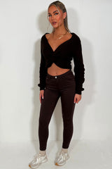 womens twist front long sleeve knitted jumper crop knitted top styledup