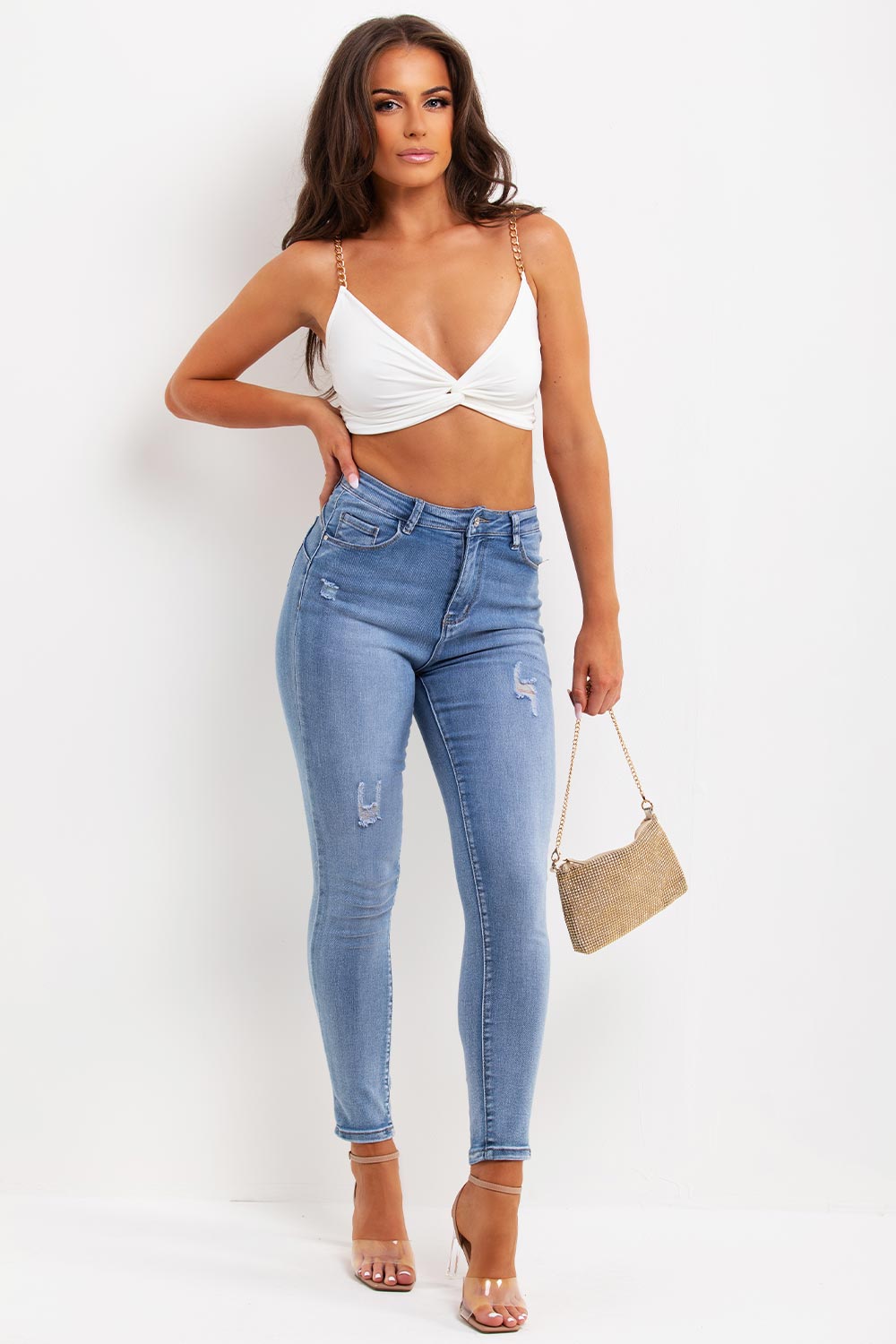crop top with twist front and gold chains festival outfit