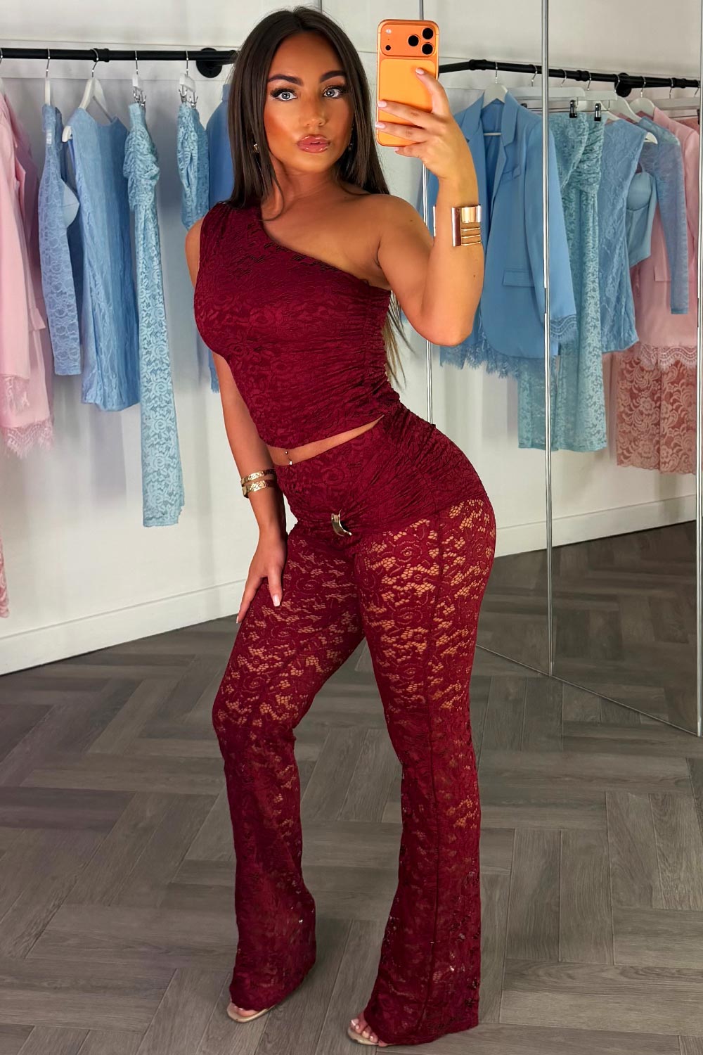 flared lace burgundy trousers and top co ord set styledup fashion uk