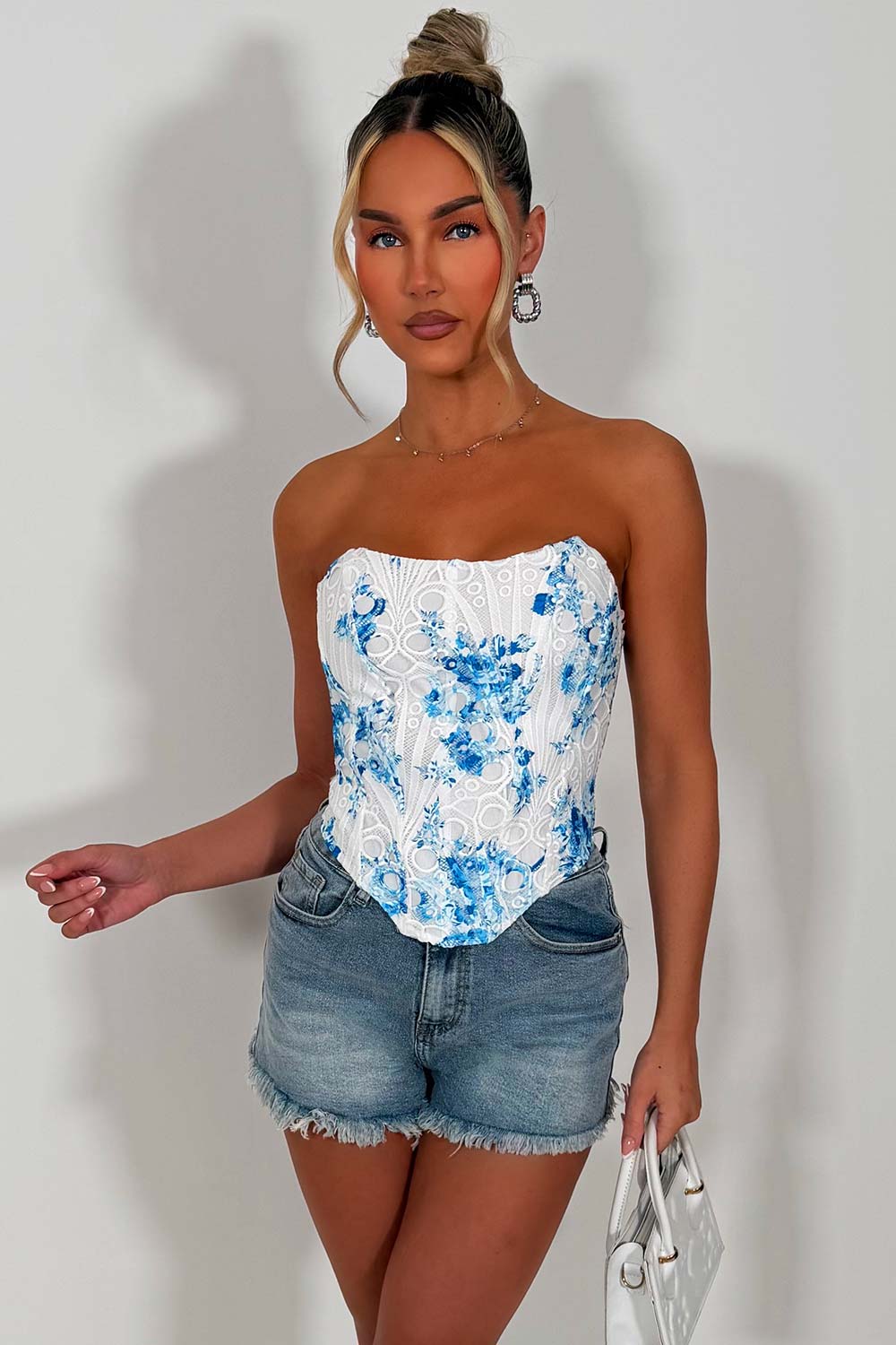 crop corset top structured contour floral white