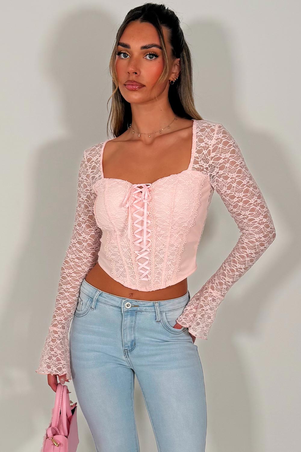 womens pink long sleeve corset top occasion outfit styledup 