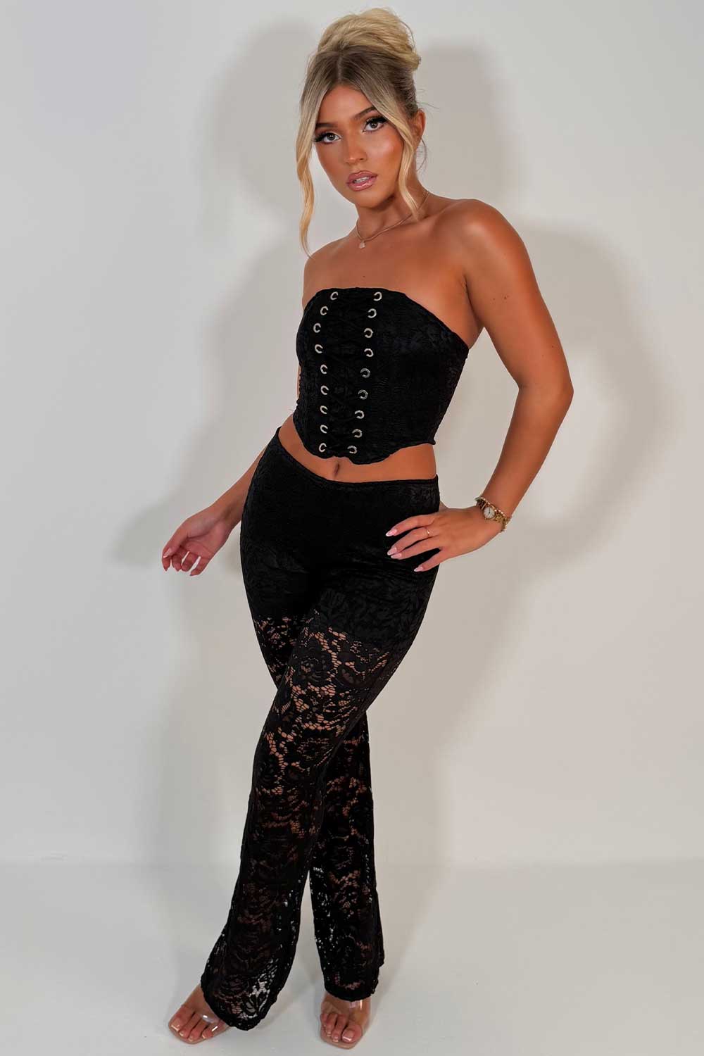 black lace trousers and corset top co ord night out festival rave christmas party outfit uk