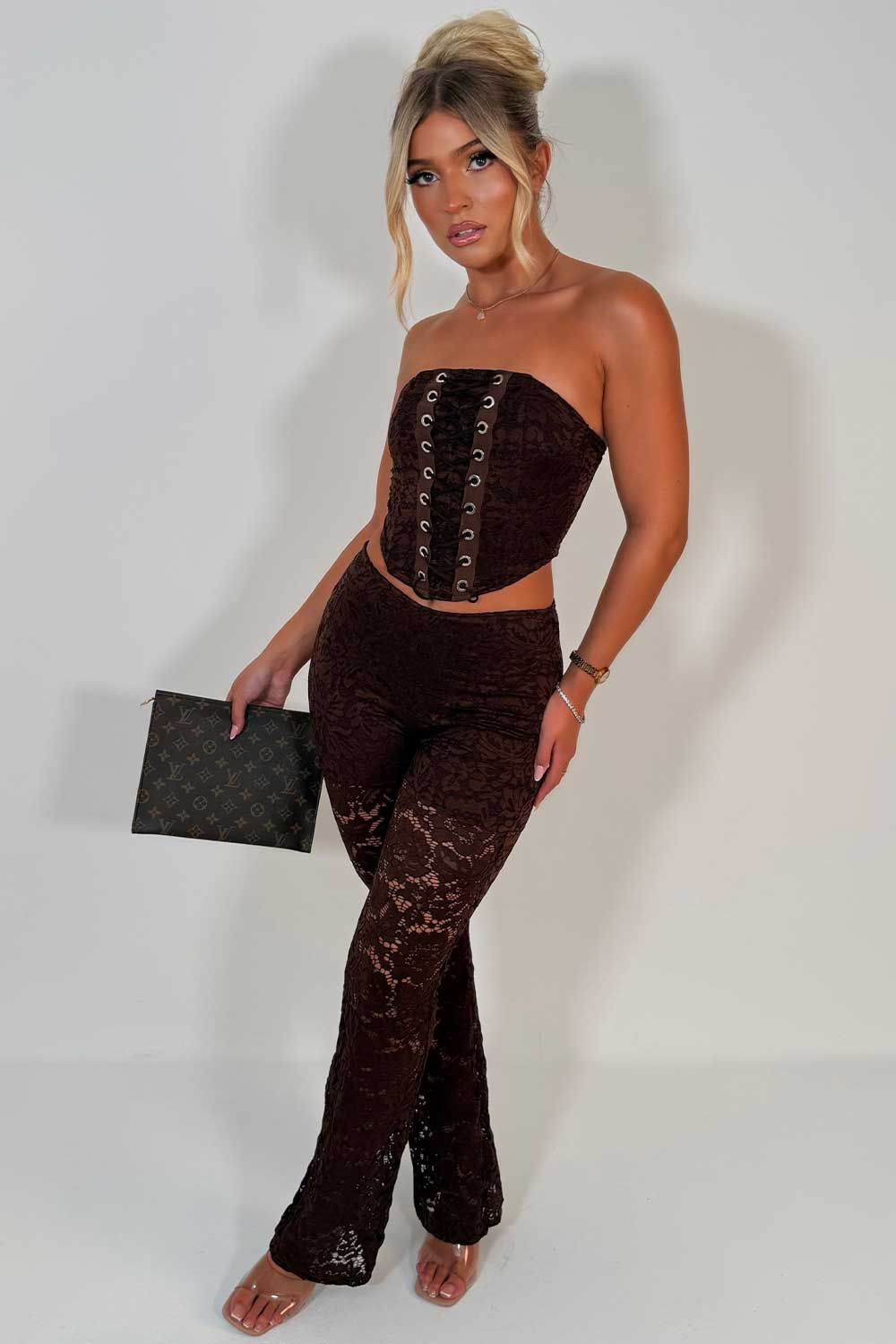 brown lace trousers and corset top co ord set night out christmas party outfit uk