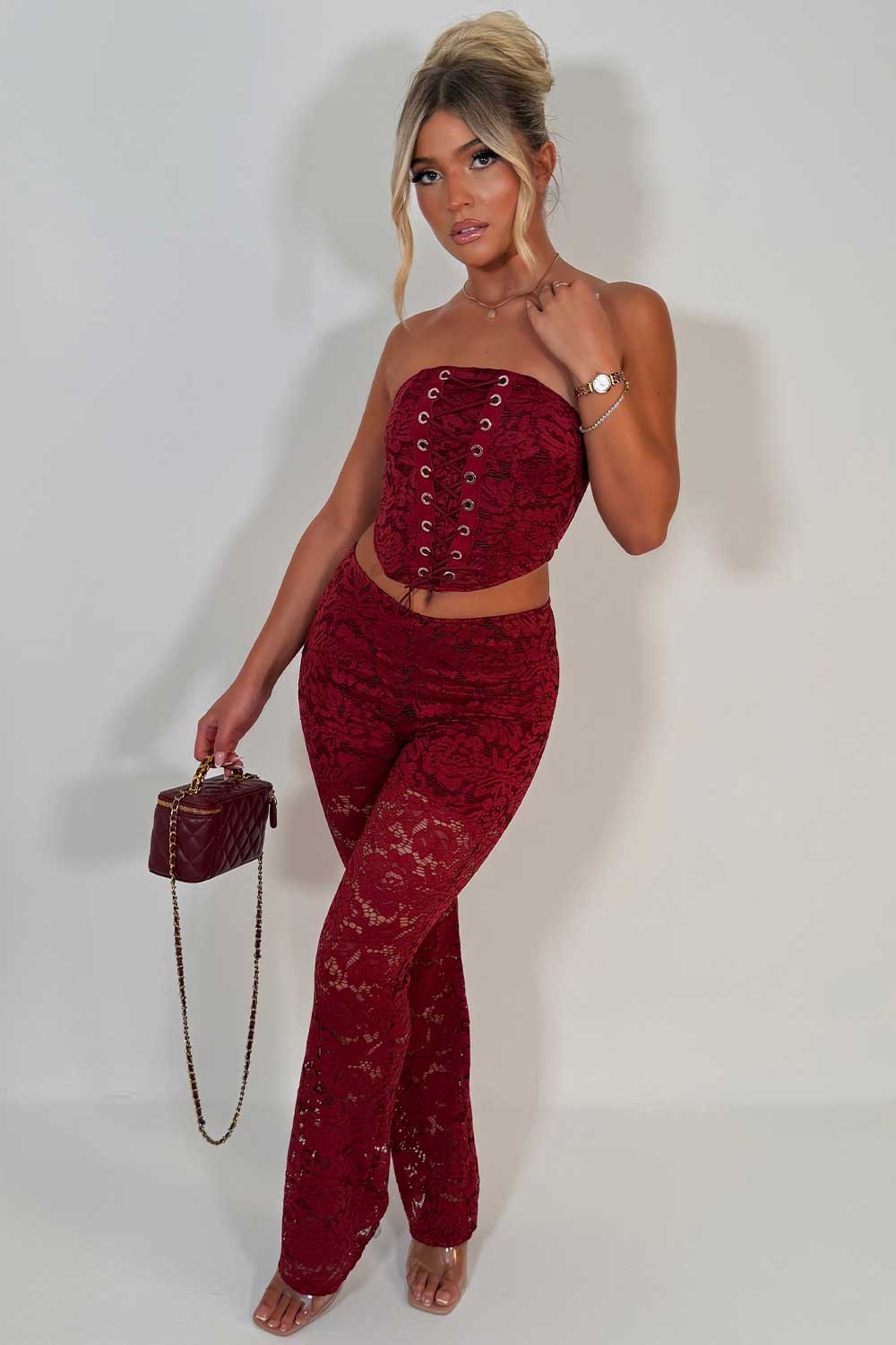 burgundy lace trousers and corset top co ord set night out christmas party outfit uk