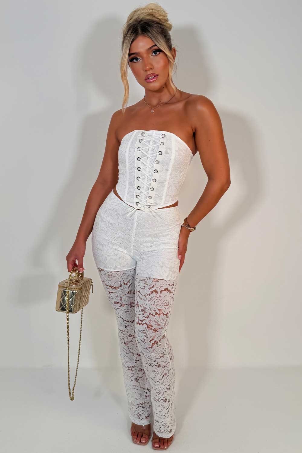 white lace trousers and corset top co ord night out festival rave christmas party outfit uk