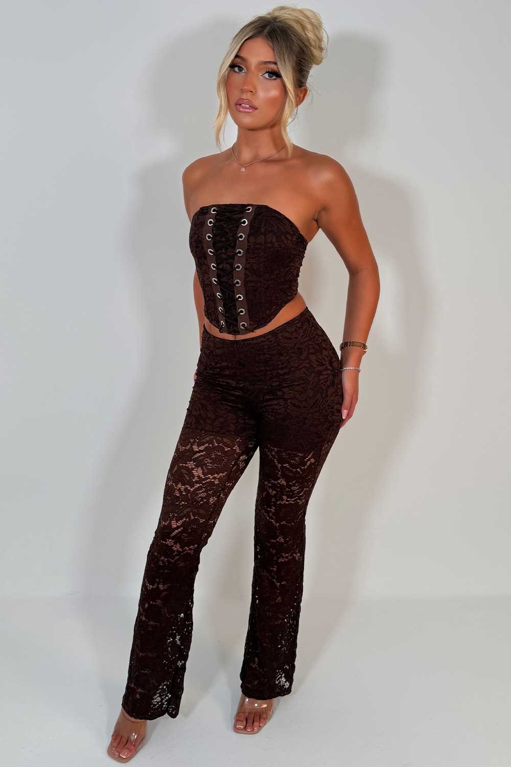 womens brown lace top and trousers co ord christmas party outfit styledup uk