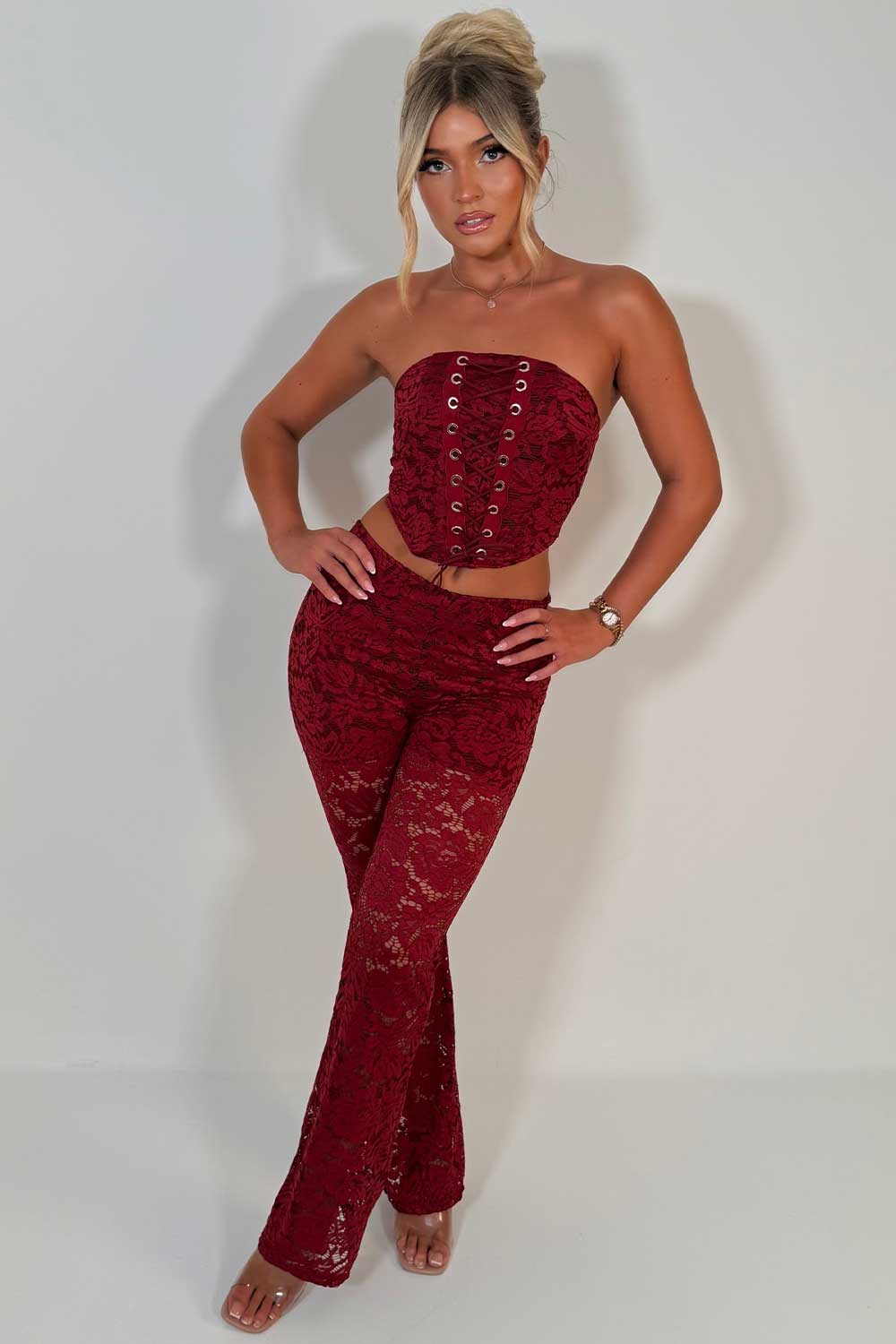 burgundy corset top and lace trousers two piece christmas party outfit night out festival rave clothes uk styledup