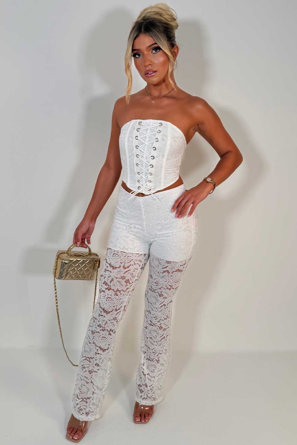 womens lace trousers and corset top co ord set styledup uk