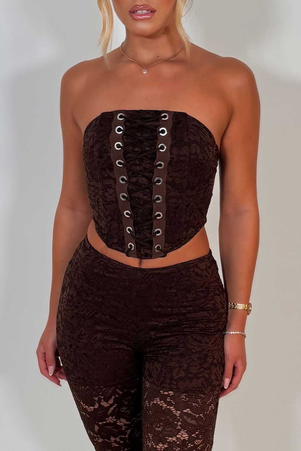 brown lace trousers and corset top two piece outfit styledup uk