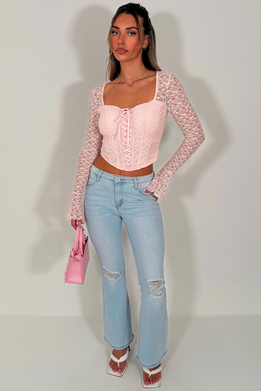 womens long lace sleeves pink corset top going out outfit day drinks date night festival outfit styledup 