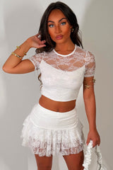 festival lace skort and crop top co ord set summer holiday going out outfit for womens in white styledup whitefox