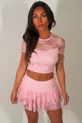 lace crop top and ruffle frilly festival skort co ord summer holiday going out outfit set pink styledup whitefox uk