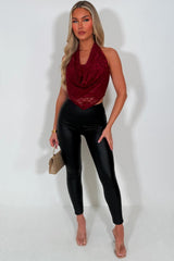 cowl halter neck backless lace top burgundy styledup 
