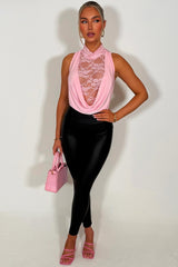 pink high neck lace cowl neck bodysuit top styledup 