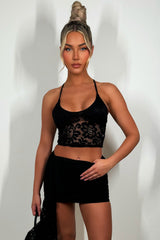 black lace bralet and mini skirt co ord set with drape detail summer festival weekend outfit styledup