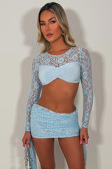 sky blue lace long sleeve top and ruched side mini skirt co ord set summer holidays festival rave outfit uk sale