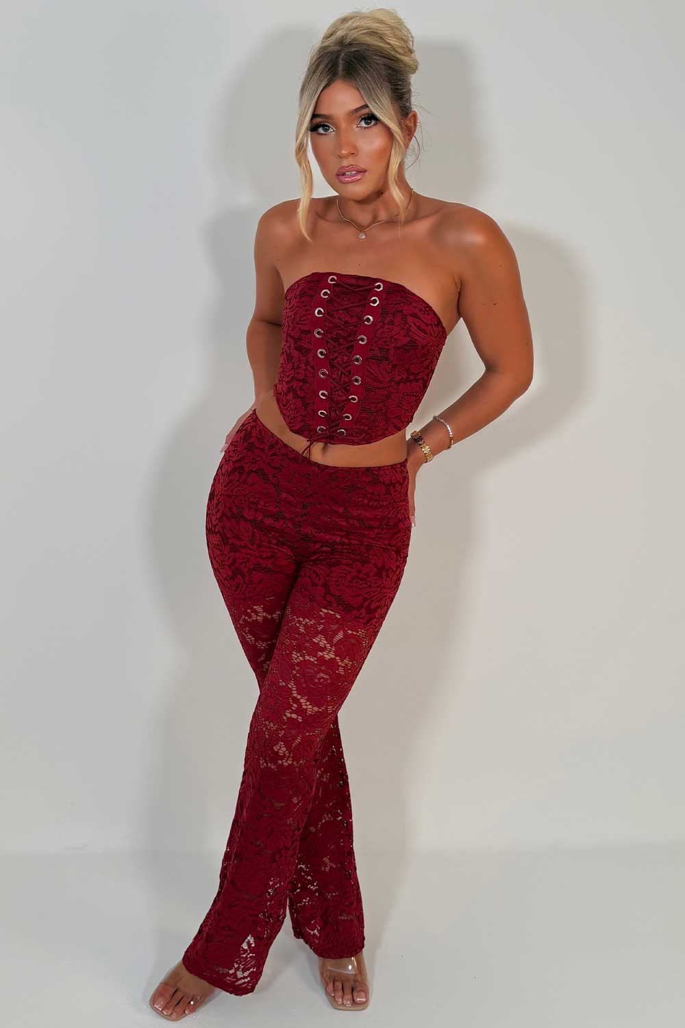 womens lace trousers and corset top co ord set styledup uk