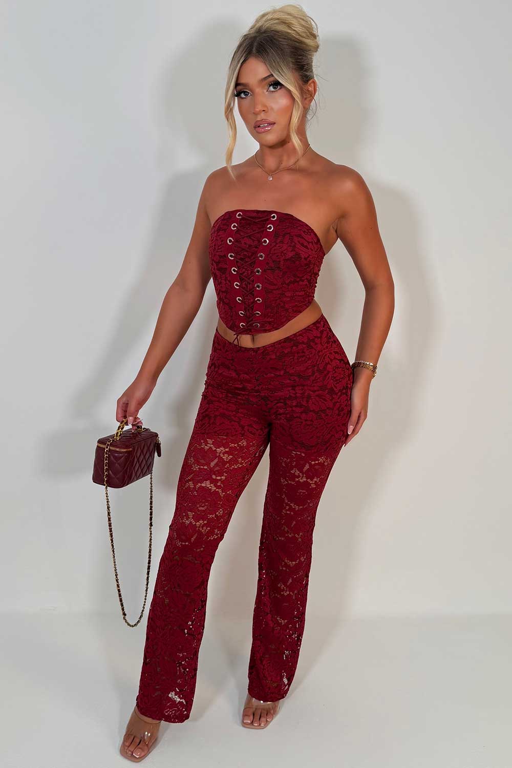 burgundy lace trousers and corset top co ord set night out christmas party outfit uk