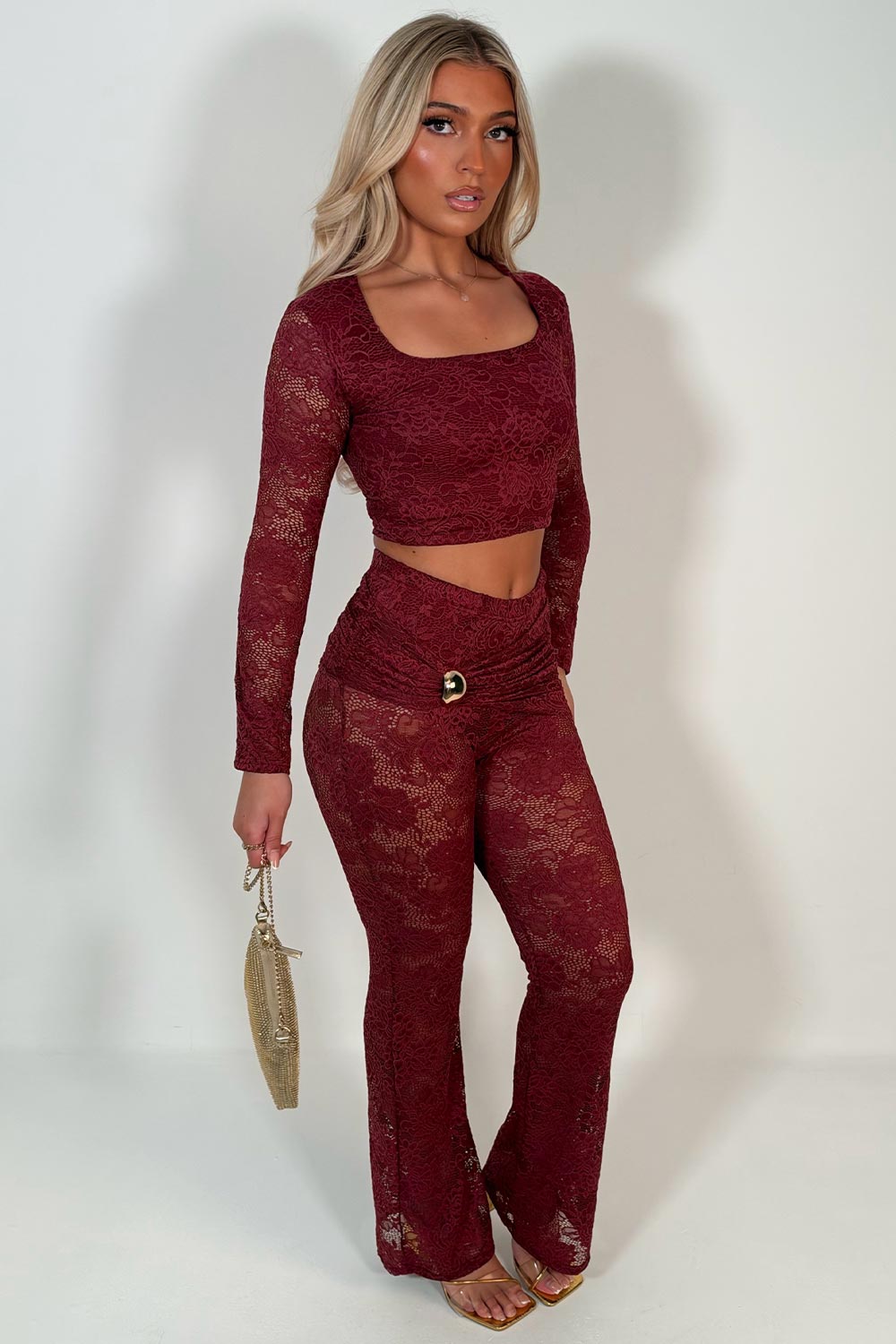 womens burgundy long sleeve lace crop top trousers two piece co ord set night out christmas party ate night festival rave outfit uk styledup