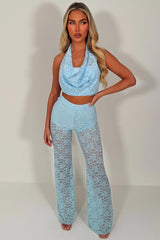 womens skinny flared leg high waist lace trousers sky blue festival holiday outfit styledup