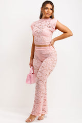 pink lace trouser and top co ord set going out outfit
