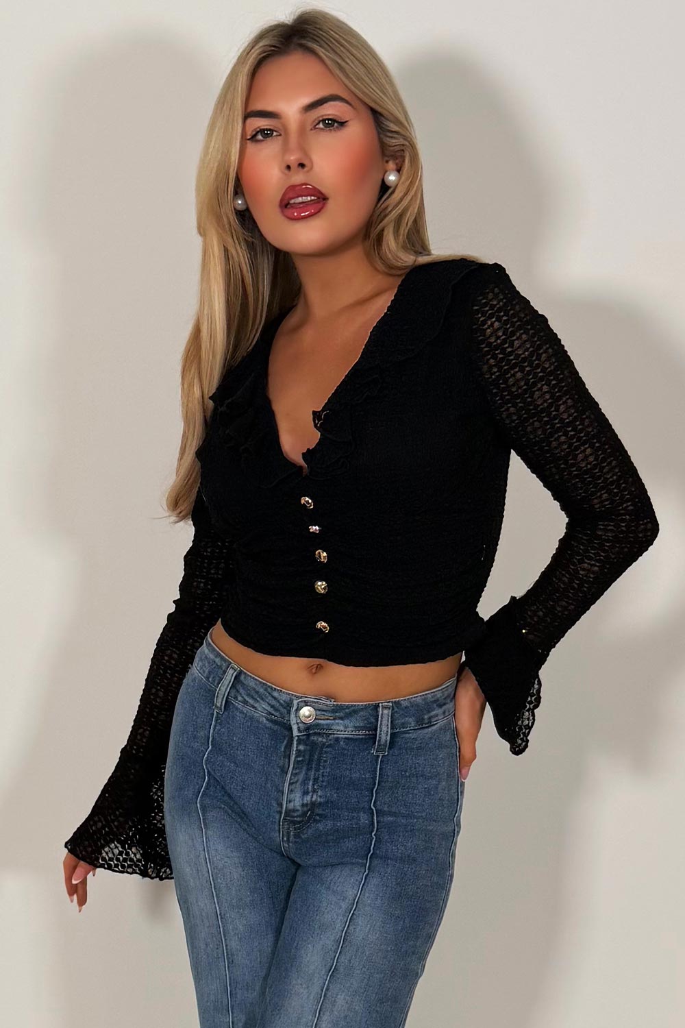 frilly ruffle long sleeve top with gold buttons summer holiday outfit 