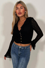 frilly ruffle long sleeve top with gold buttons summer holiday outfit 