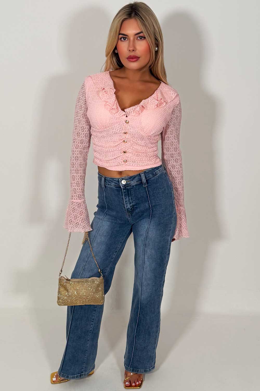 ruffle frilly long sleeve top with gold buttons summer holiday outfit styledup uk 