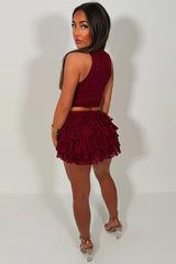 gold buckle halter neck lace crop top and ruffle frilly mini lace skirt co ord going out party rave festival holiday outfit styledup uk styledup