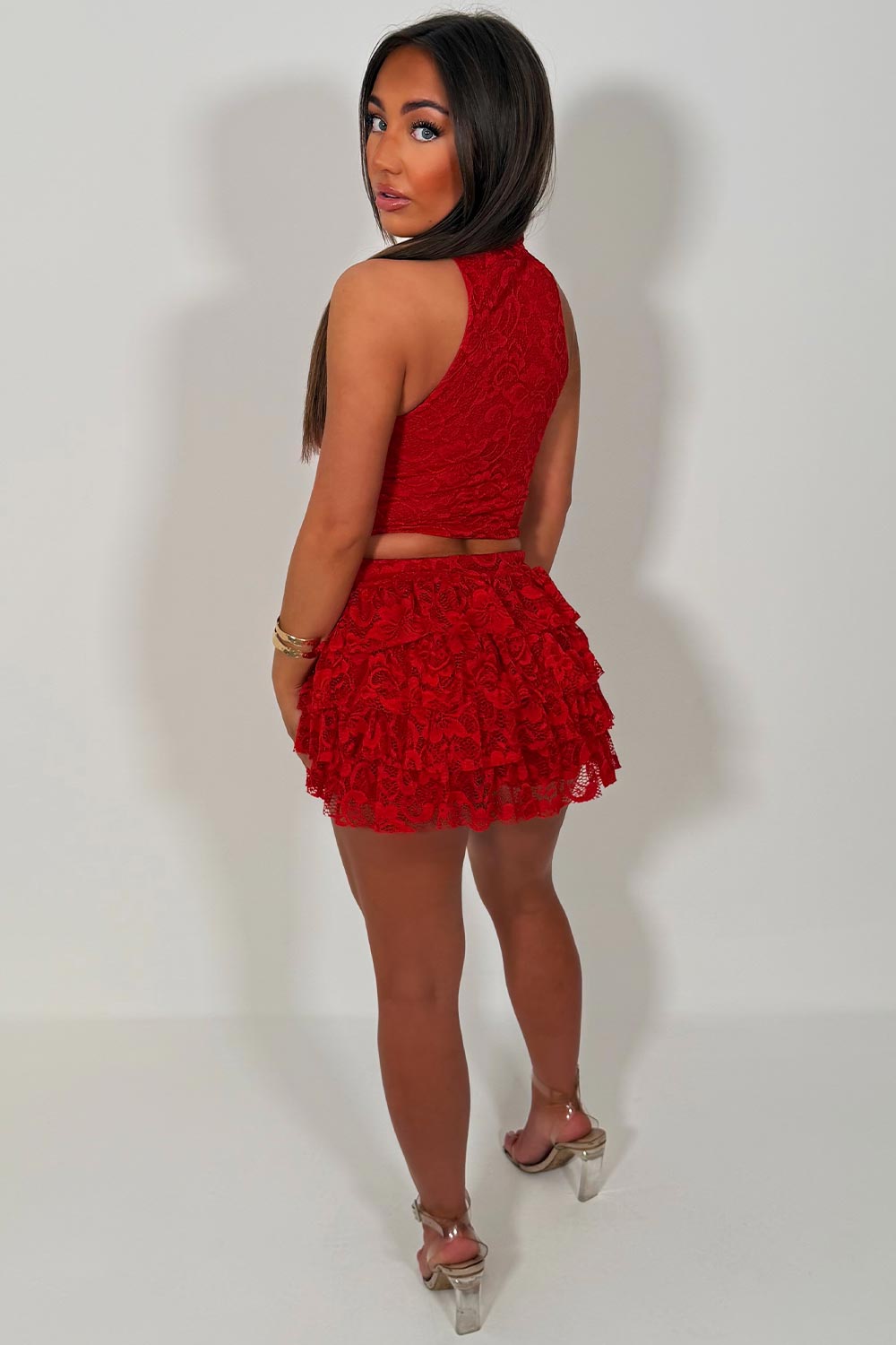 red lace mini ruffle frilly skirt and lace top co ord festival outfit uk