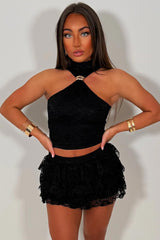 black lace crop top and ruffle frilly festival lace skort co ord holiday rave outfit styledup uk sale 