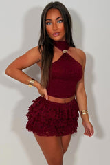 burgundy lace crop top and ruffle frilly festival lace skort co ord holiday rave outfit styledup uk sale 
