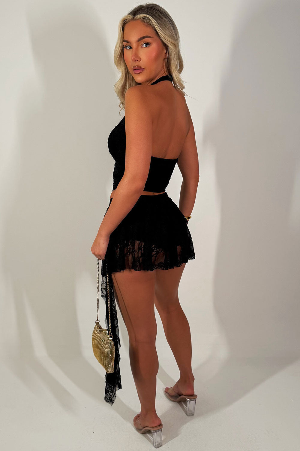 plunge halter neck lace crop top and ruffle frilly skort co ord set styledup fashion