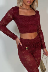 womens burgundy long sleeve crop top and lace trousers two piece co ord set styledup uk