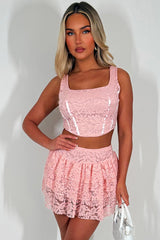 ruffle frilly lace mini skirt and top two piece co ord set red festival outfit