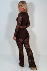 brown lace flared leg trousers and long sleeve top two piece co ord set for womens festival rave outfit christams party outfit styledup uk