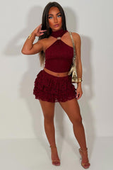 burgundy lace mini ruffle frilly skirt and lace top co ord festival outfit uk