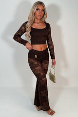 womens brown long sleeve crop top and lace trousers two piece co ord set styledup uk