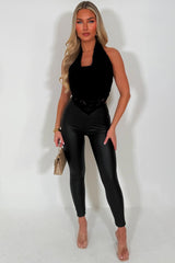 cowl halter neck backless lace top black