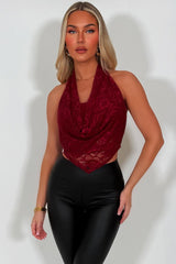 halter neck cowl lace backless top burgundy styledup 