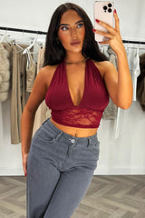 lace hem plunge halter neck crop top styledup