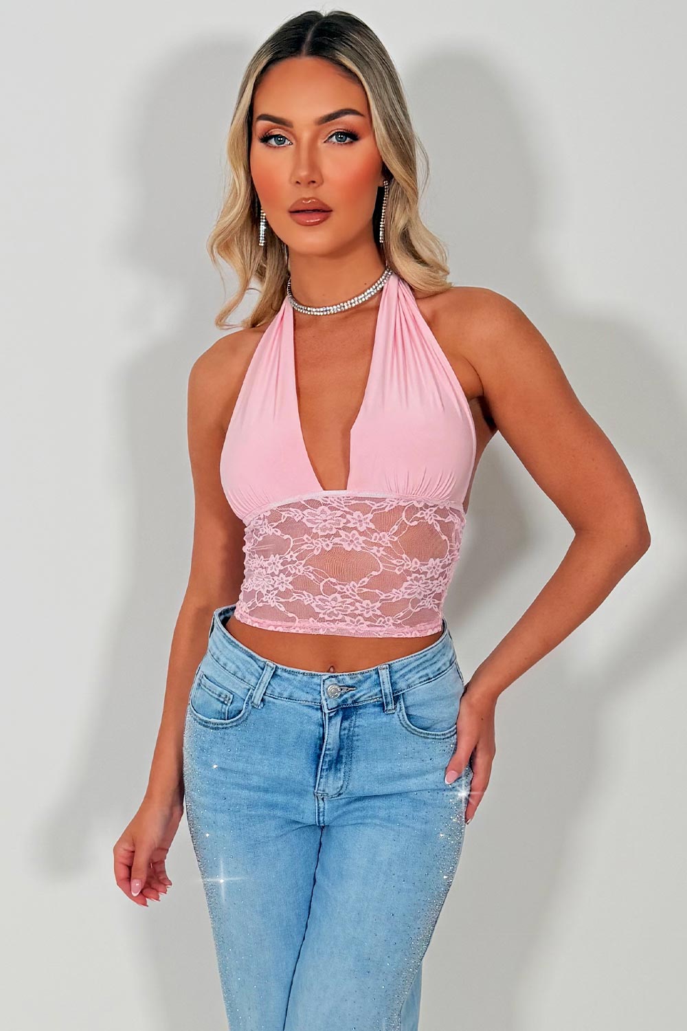 lace hem plunge halter neck crop top styledup