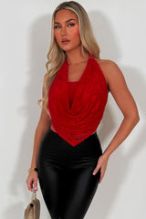 cowl halter neck backless lace top red